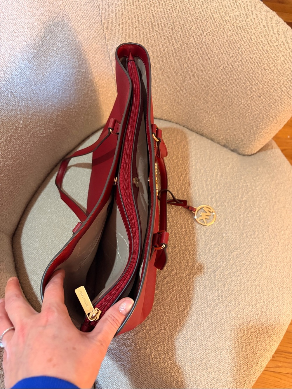 Michael Kors Red Saffiano Leather Tote with Gold Charm - Picture 3 of 4